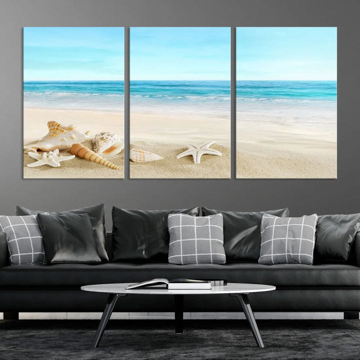 Turquoise Ocean Seashell Starfish on the Beach Wall Art Canvas Print