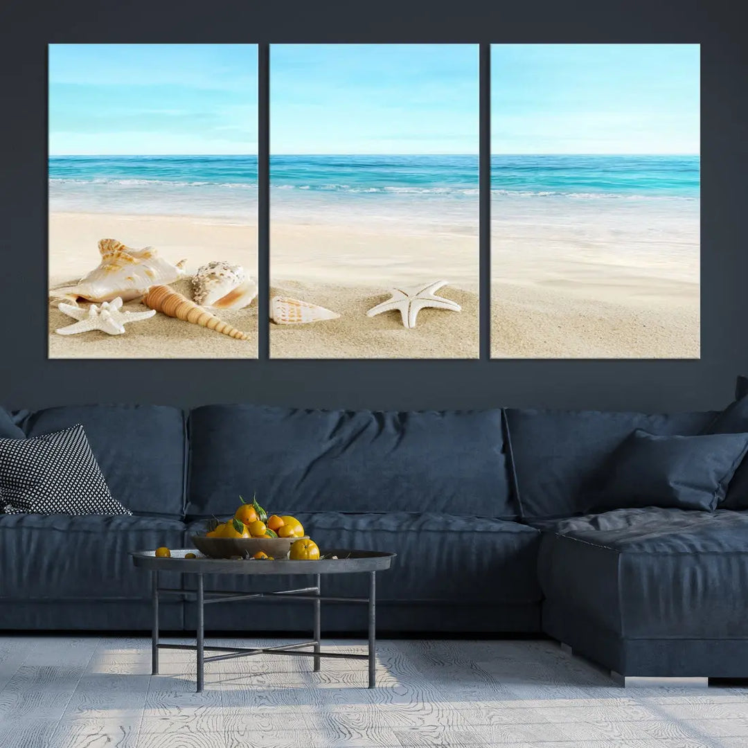 Turquoise Ocean Seashell Starfish on the Beach Wall Art Canvas Print