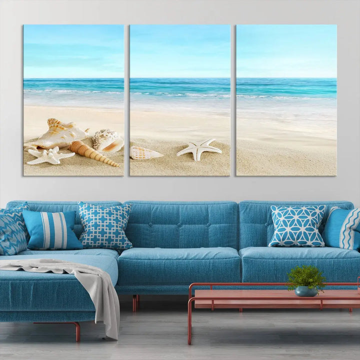 Turquoise Ocean Seashell Starfish on the Beach Wall Art Canvas Print