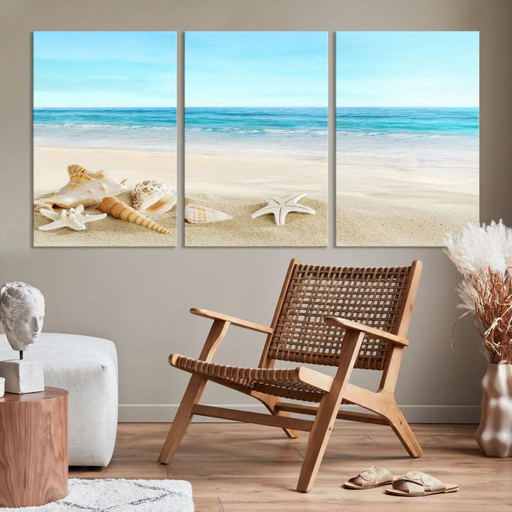 Turquoise Ocean Seashell Starfish on the Beach Wall Art Canvas Print