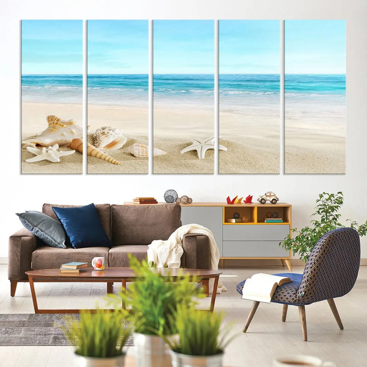 Turquoise Ocean Seashell Starfish on the Beach Wall Art Canvas Print