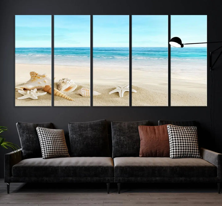 Turquoise Ocean Seashell Starfish on the Beach Wall Art Canvas Print