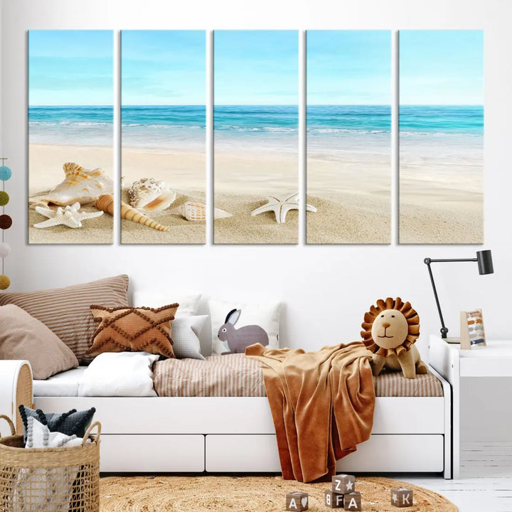 Turquoise Ocean Seashell Starfish on the Beach Wall Art Canvas Print