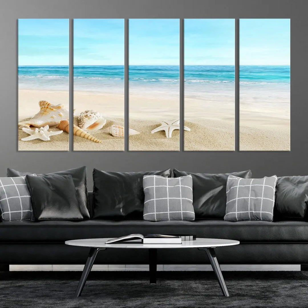 Turquoise Ocean Seashell Starfish on the Beach Wall Art Canvas Print