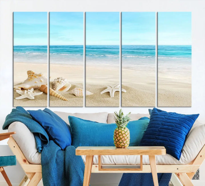 Turquoise Ocean Seashell Starfish on the Beach Wall Art Canvas Print