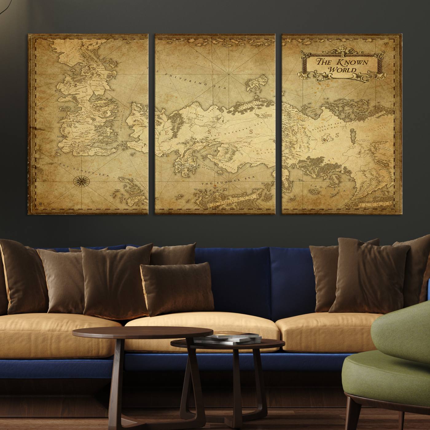 84658-MGV-CV-36X24-Vintage Game of Thrones Map Wall Art | Westeros and Essos Antique Style Print | The Known World in Triptych Canvas | Giclee Canvas for