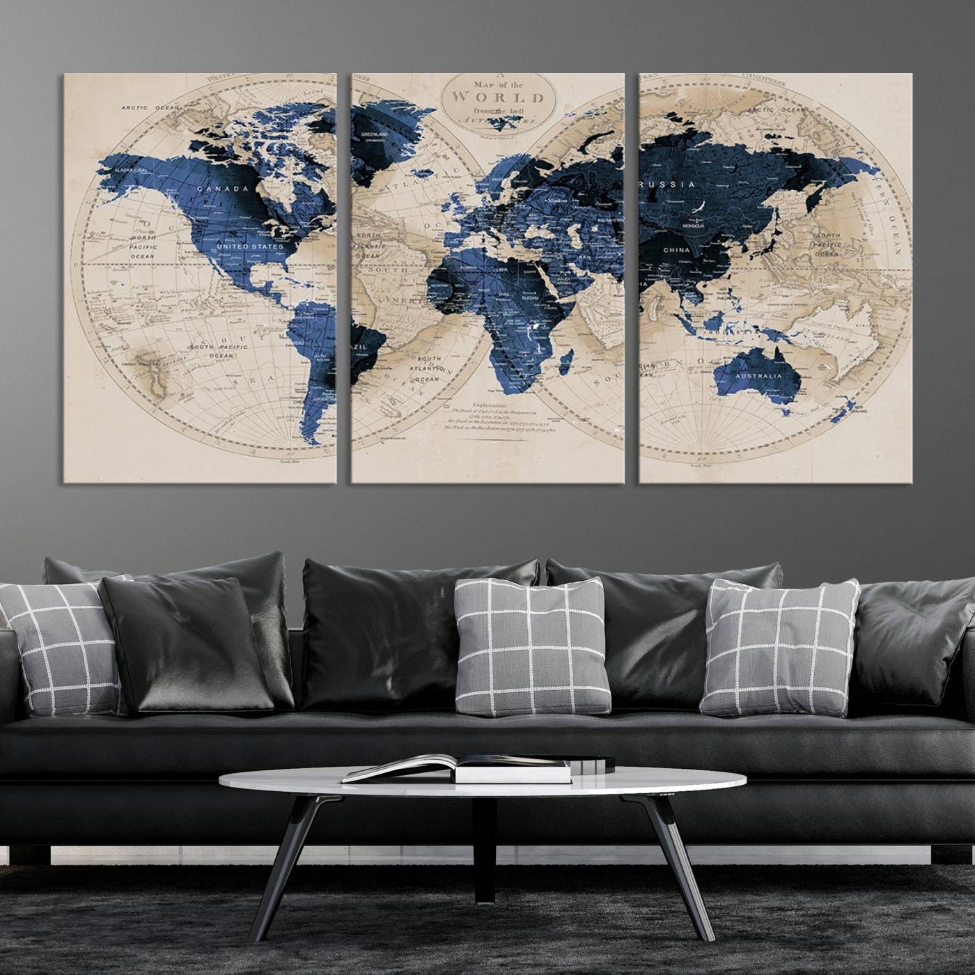 67444-MGV-CV-36X24-Vintage Triptych Map Print - Antique World Map Canvas Wall Art – Vintage Triptych Blue and Beige Map Print