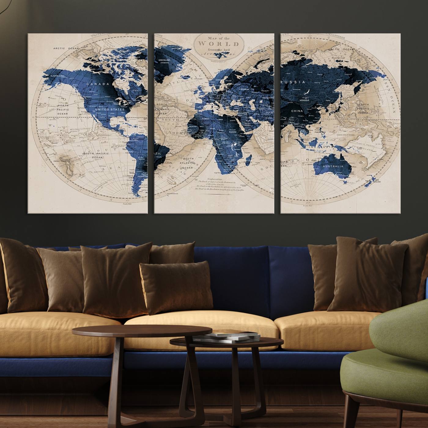 67444-MGV-CV-36X24-Vintage Triptych Map Print - Antique World Map Canvas Wall Art – Vintage Triptych Blue and Beige Map Print