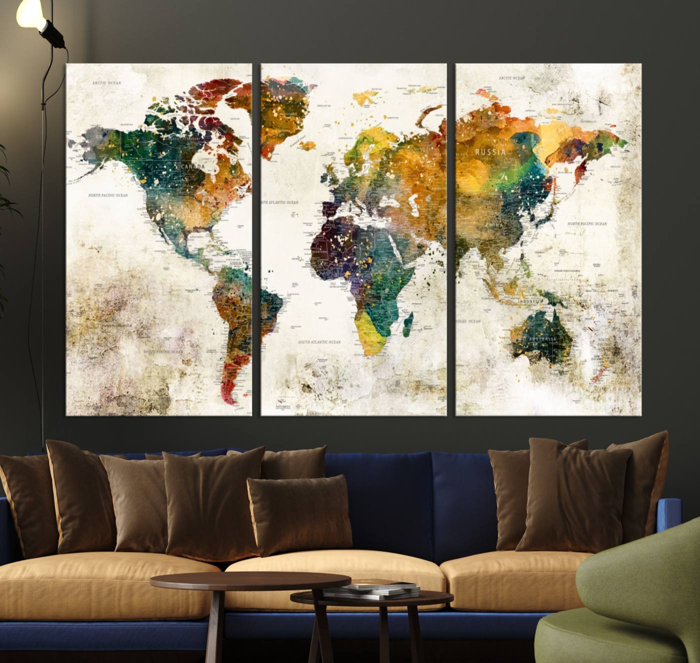39605-MGV-CV-36X24-Vintage World Map Canvas Wall Art | 3-Panel Antique Map Decor for Living Room, Decor Wall Art