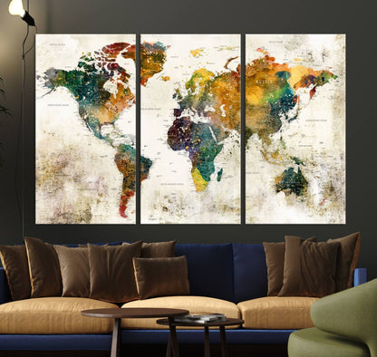 39605-MGV-CV-36X24-Vintage World Map Canvas Wall Art | 3-Panel Antique Map Decor for Living Room, Decor Wall Art