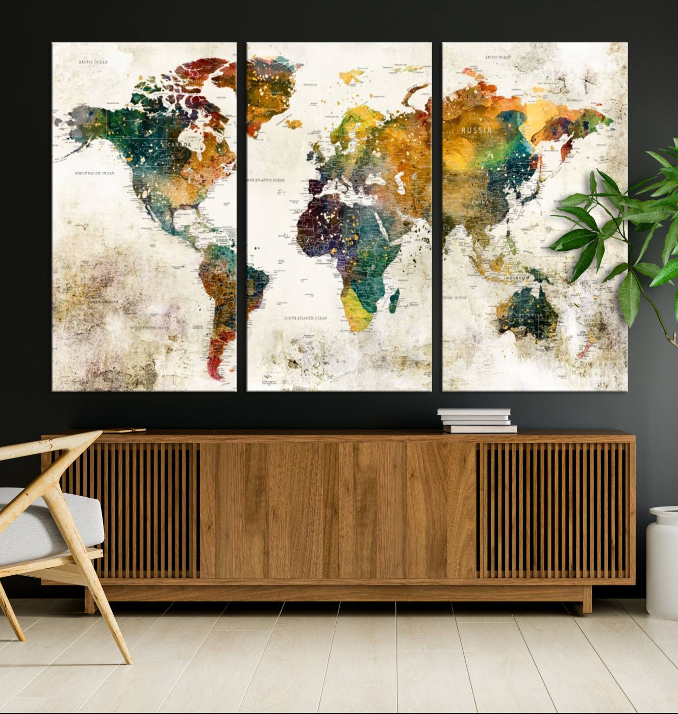 39605-MGV-CV-36X24-Vintage World Map Canvas Wall Art | 3-Panel Antique Map Decor for Living Room, Decor Wall Art