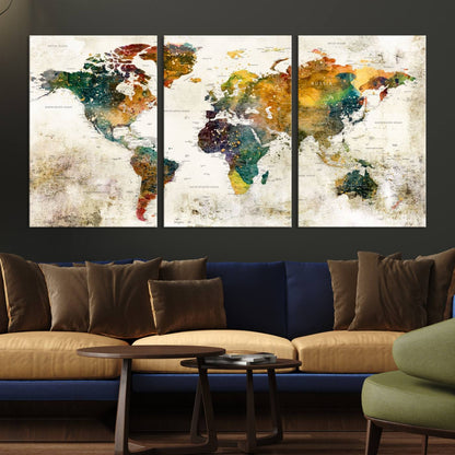 39605-MGV-CV-36X24-Vintage World Map Canvas Wall Art | 3-Panel Antique Map Decor for Living Room, Decor Wall Art