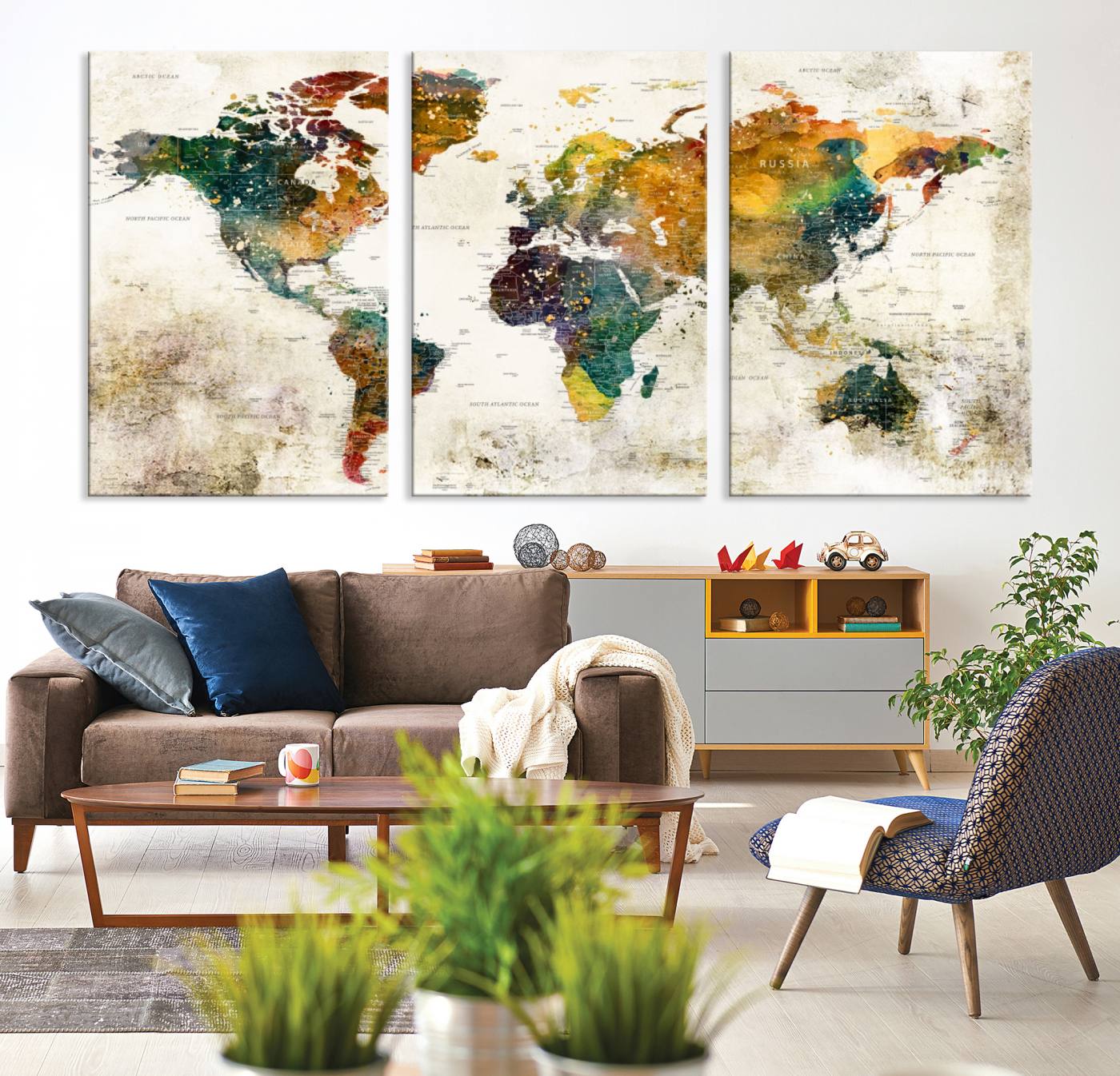 39605-MGV-CV-36X24-Vintage World Map Canvas Wall Art | 3-Panel Antique Map Decor for Living Room, Decor Wall Art