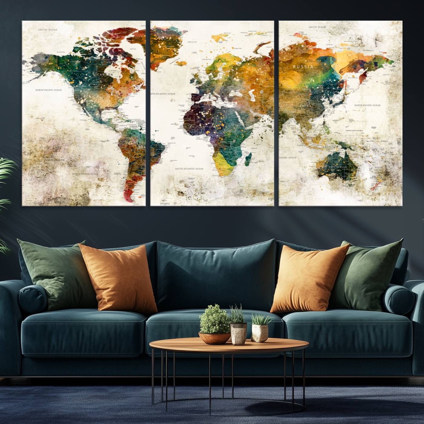 39605-MGV-CV-36X24-Vintage World Map Canvas Wall Art | 3-Panel Antique Map Decor for Living Room, Decor Wall Art