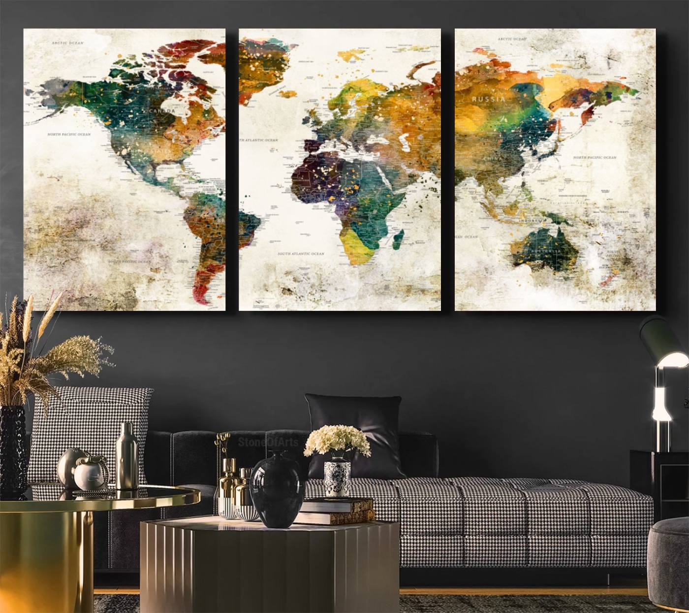 39605-MGV-CV-36X24-Vintage World Map Canvas Wall Art | 3-Panel Antique Map Decor for Living Room, Decor Wall Art