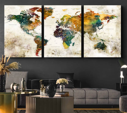 39605-MGV-CV-36X24-Vintage World Map Canvas Wall Art | 3-Panel Antique Map Decor for Living Room, Decor Wall Art