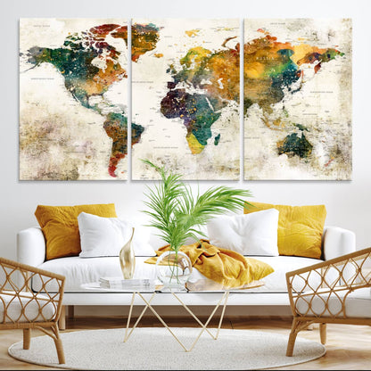 39605-MGV-CV-36X24-Vintage World Map Canvas Wall Art | 3-Panel Antique Map Decor for Living Room, Decor Wall Art