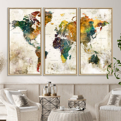 39605-MGV-CV-36X24-Vintage World Map Canvas Wall Art | 3-Panel Antique Map Decor for Living Room, Decor Wall Art
