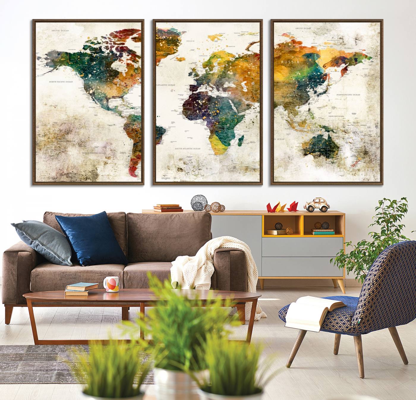 39605-MGV-CV-36X24-Vintage World Map Canvas Wall Art | 3-Panel Antique Map Decor for Living Room, Decor Wall Art