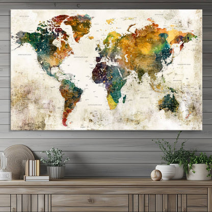 39605-MGV-CV-36X24-Vintage World Map Canvas Wall Art | 3-Panel Antique Map Decor for Living Room, Decor Wall Art