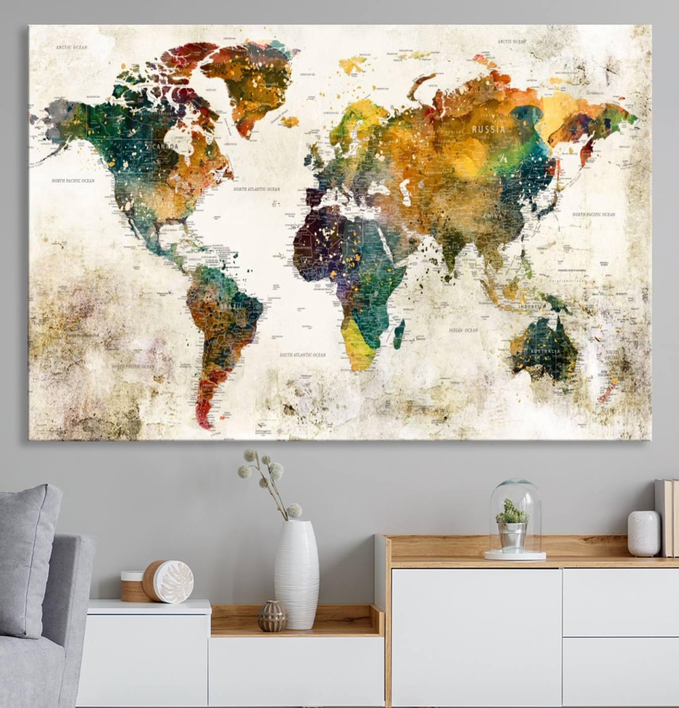 39605-MGV-CV-36X24-Vintage World Map Canvas Wall Art | 3-Panel Antique Map Decor for Living Room, Decor Wall Art