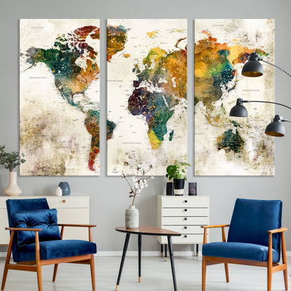 39605-MGV-CV-36X24-Vintage World Map Canvas Wall Art | 3-Panel Antique Map Decor for Living Room, Decor Wall Art