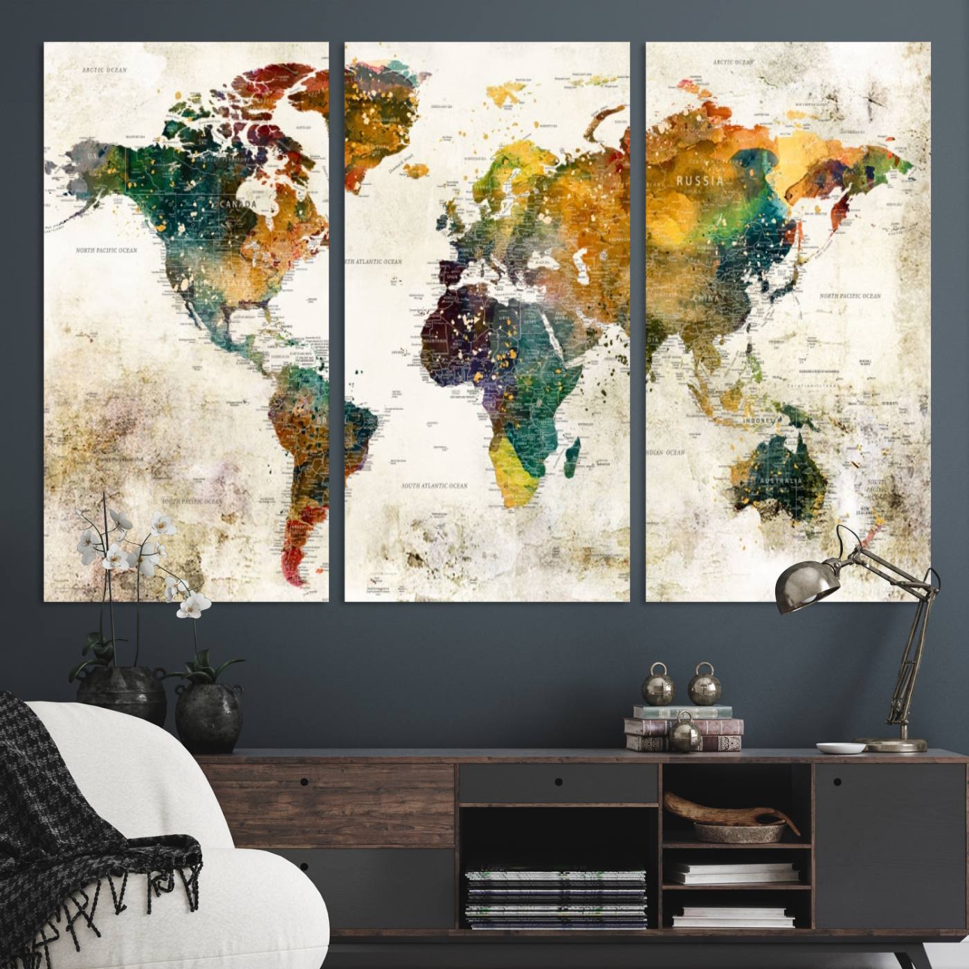 39605-MGV-CV-48X32-3P-Vintage World Map Canvas Wall Art | 3-Panel Antique Map Decor for Living Room, Decor Wall Art