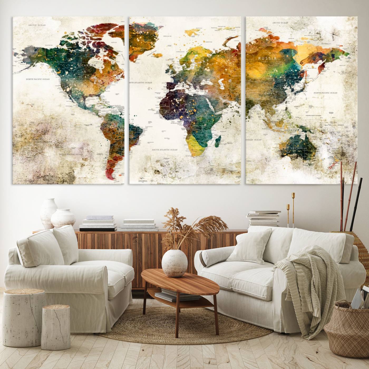 39605-MGV-CV-60X30-3P-Vintage World Map Canvas Wall Art | 3-Panel Antique Map Decor for Living Room, Decor Wall Art