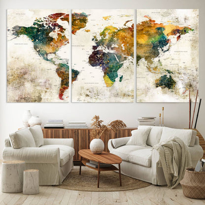 39605-MGV-CV-60X30-3P-Vintage World Map Canvas Wall Art | 3-Panel Antique Map Decor for Living Room, Decor Wall Art