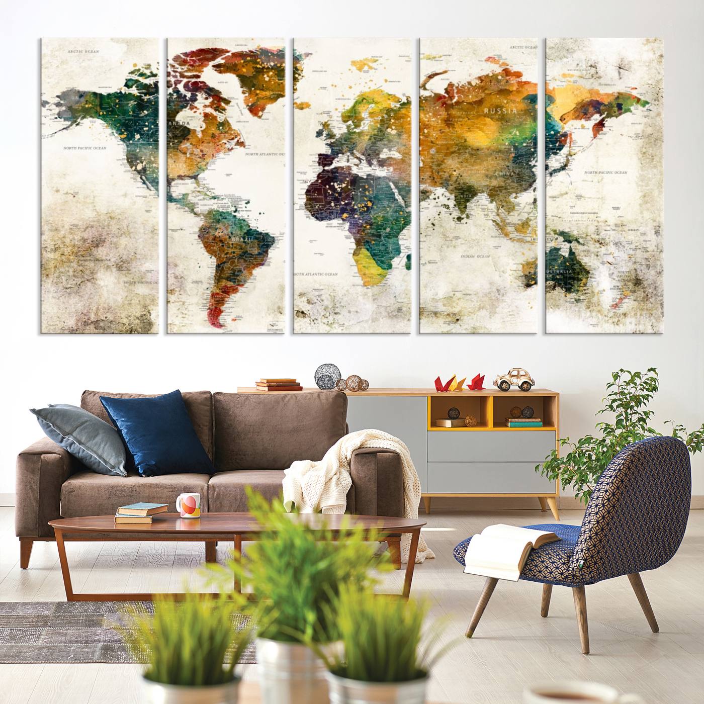 39605-MGV-CV-60X31-5P-Vintage World Map Canvas Wall Art | 3-Panel Antique Map Decor for Living Room, Decor Wall Art