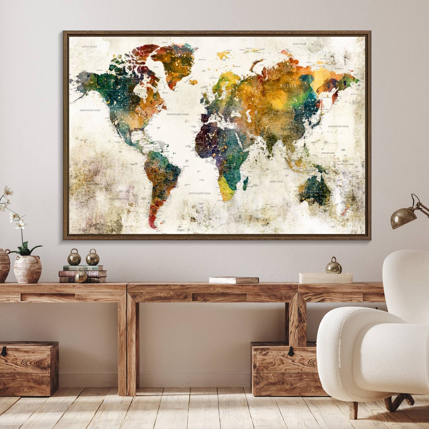 39605-MGV-FC-36X24_Walnut-Vintage World Map Canvas Wall Art | 3-Panel Antique Map Decor for Living Room, Decor Wall Art