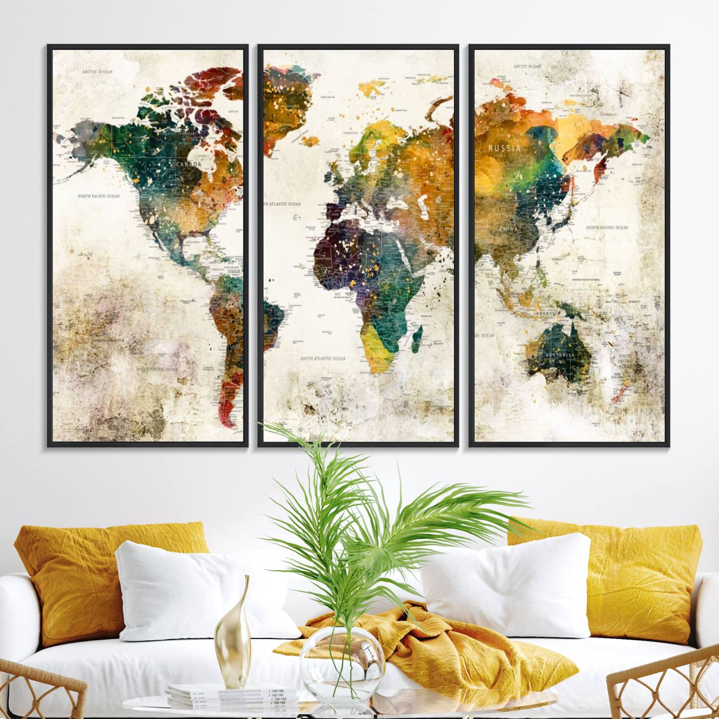 39605-MGV-FC-48X32-3P_Black-Vintage World Map Canvas Wall Art | 3-Panel Antique Map Decor for Living Room, Decor Wall Art