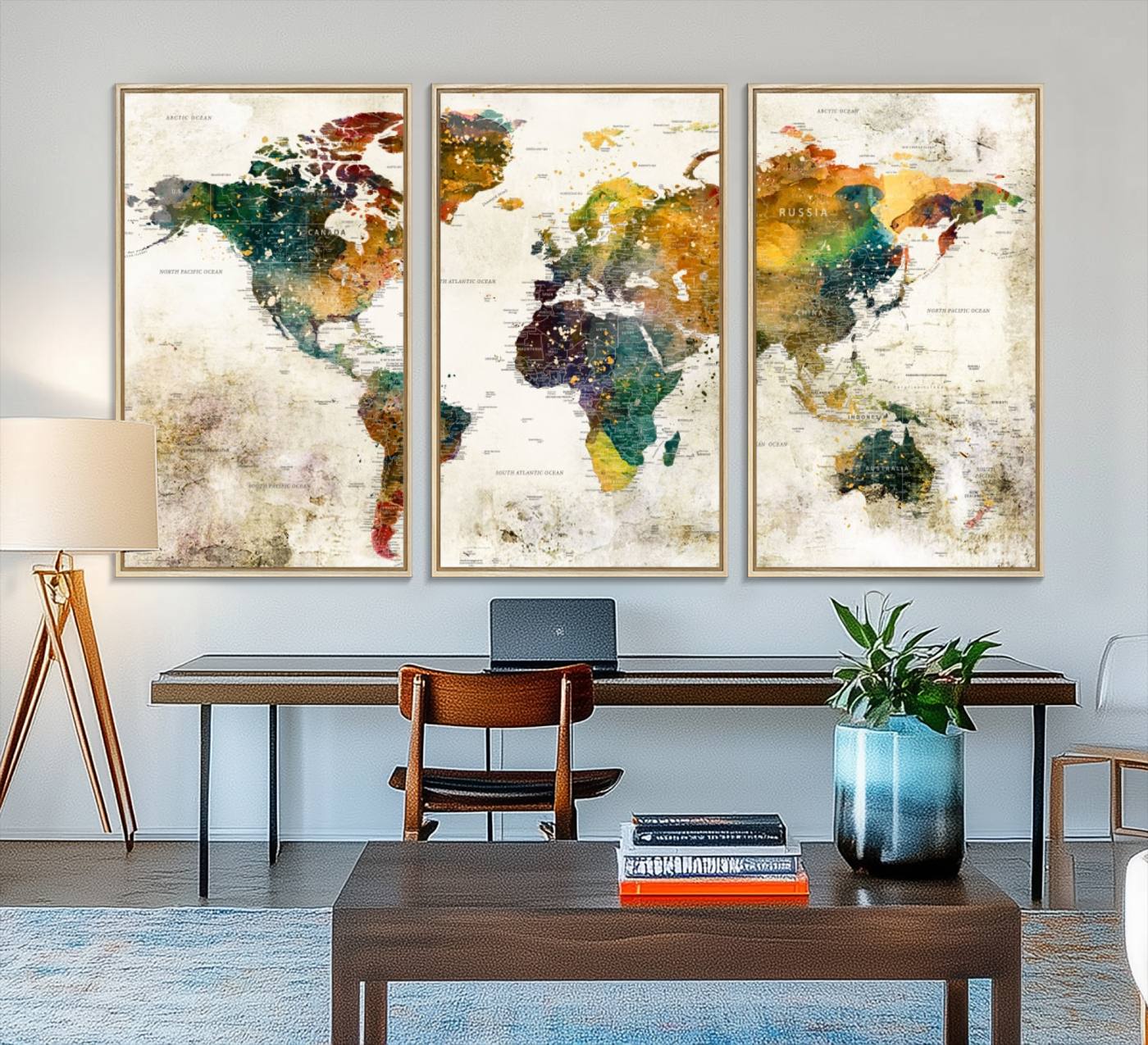 39605-MGV-FC-48X32-3P_Natural-Vintage World Map Canvas Wall Art | 3-Panel Antique Map Decor for Living Room, Decor Wall Art