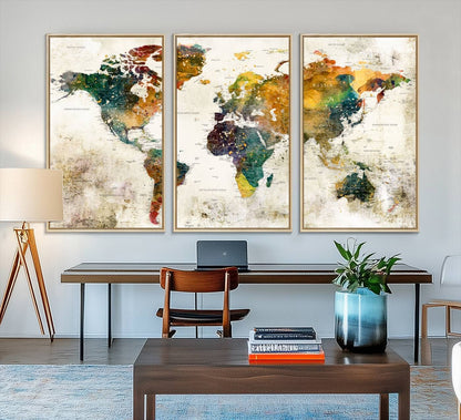 39605-MGV-FC-48X32-3P_Natural-Vintage World Map Canvas Wall Art | 3-Panel Antique Map Decor for Living Room, Decor Wall Art