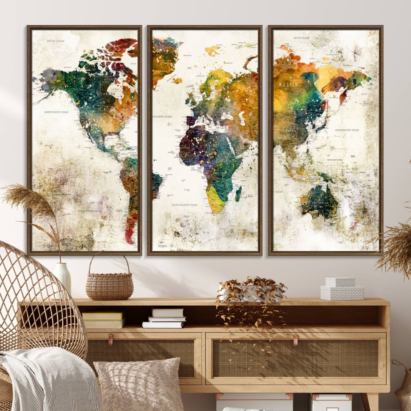 39605-MGV-FC-48X32-3P_Walnut-Vintage World Map Canvas Wall Art | 3-Panel Antique Map Decor for Living Room, Decor Wall Art