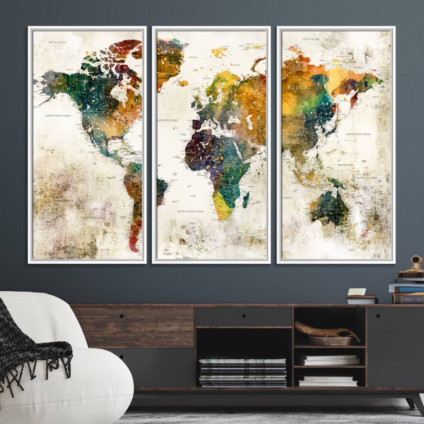 39605-MGV-FC-48X32-3P_White-Vintage World Map Canvas Wall Art | 3-Panel Antique Map Decor for Living Room, Decor Wall Art