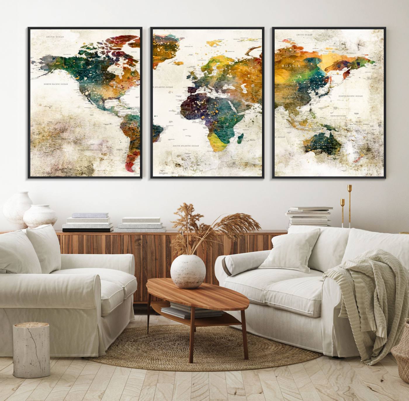 39605-MGV-FC-60X30-3P_Black-Vintage World Map Canvas Wall Art | 3-Panel Antique Map Decor for Living Room, Decor Wall Art