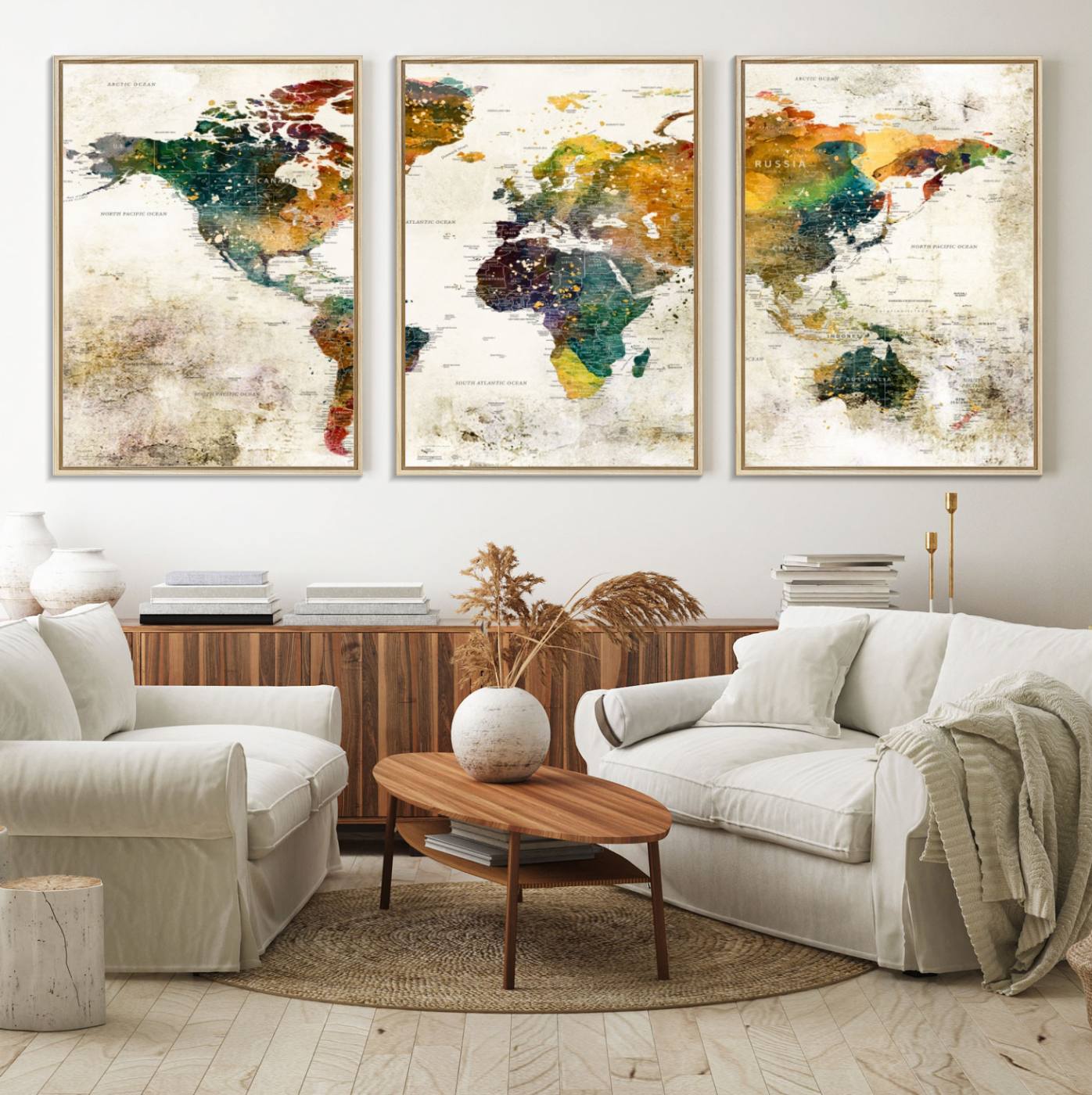 39605-MGV-FC-60X30-3P_Natural-Vintage World Map Canvas Wall Art | 3-Panel Antique Map Decor for Living Room, Decor Wall Art