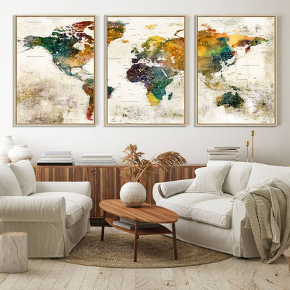 39605-MGV-FC-60X30-3P_Natural-Vintage World Map Canvas Wall Art | 3-Panel Antique Map Decor for Living Room, Decor Wall Art