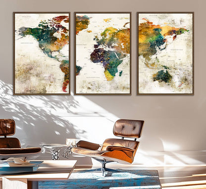 39605-MGV-FC-60X30-3P_Walnut-Vintage World Map Canvas Wall Art | 3-Panel Antique Map Decor for Living Room, Decor Wall Art