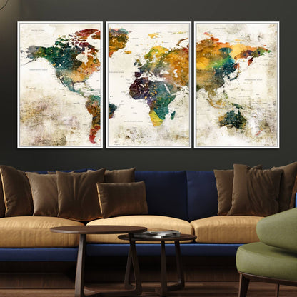 39605-MGV-FC-60X30-3P_White-Vintage World Map Canvas Wall Art | 3-Panel Antique Map Decor for Living Room, Decor Wall Art
