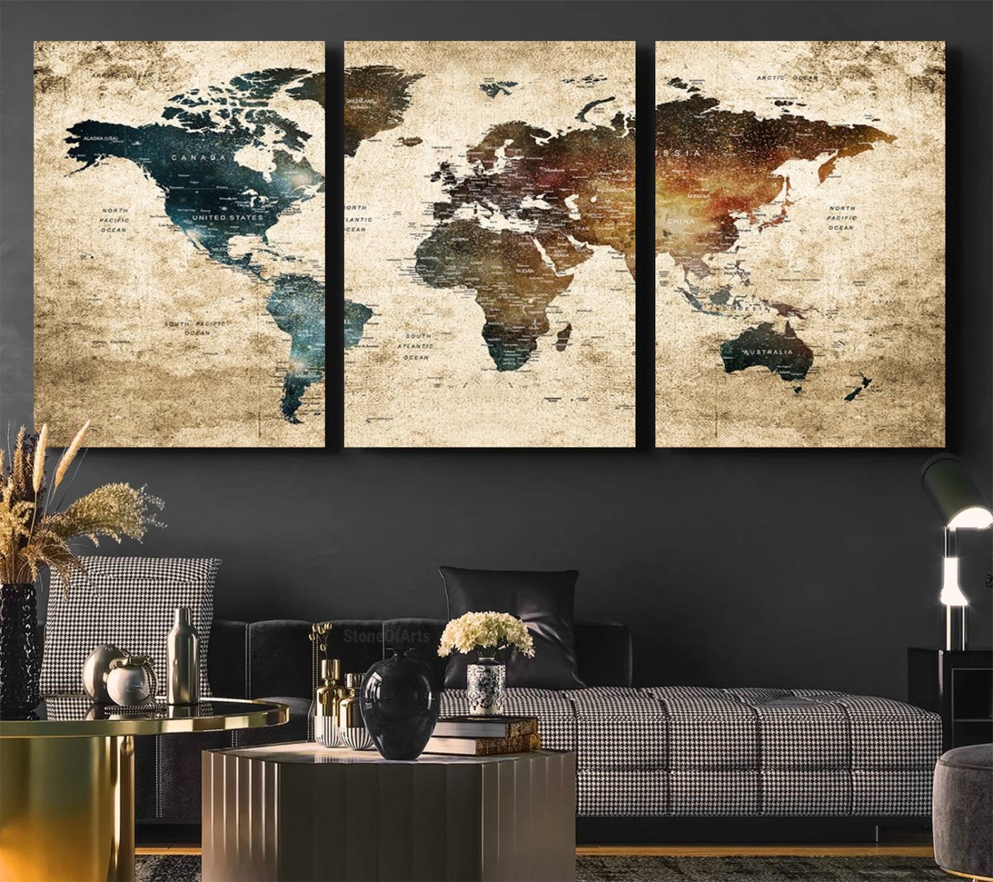55201-MGV-CV-36X24-Vintage World Map Canvas Wall Art Print – Antique Style World Map Decor for Home or Office – Ready to Hang Historical Map Print