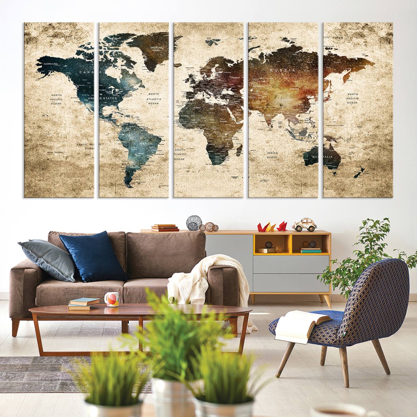 55201-MGV-CV-60X31-5P-Vintage World Map Canvas Wall Art Print – Antique Style World Map Decor for Home or Office – Ready to Hang Historical Map Print