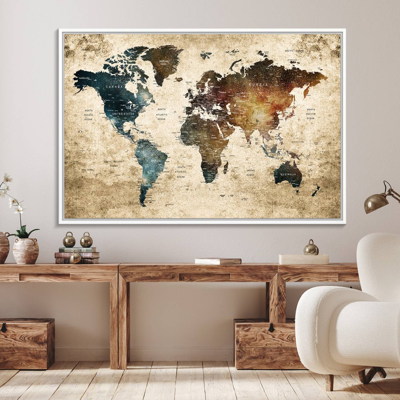 55201-MGV-FC-36X24_White-Vintage World Map Canvas Wall Art Print – Antique Style World Map Decor for Home or Office – Ready to Hang Historical Map Print