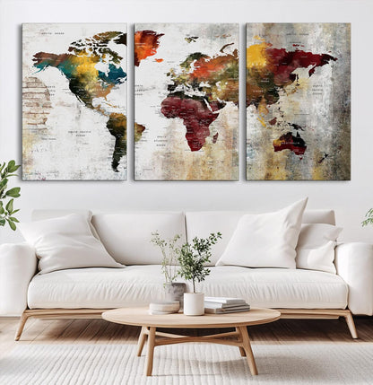 37237-MGV-CV-60X30-3P-Wall Art Dark World Map on Light Background Canvas Print
