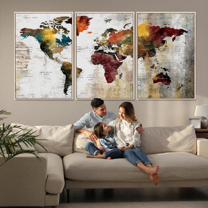 37237-MGV-FC-60X30-3P_Natural-Wall Art Dark World Map on Light Background Canvas Print
