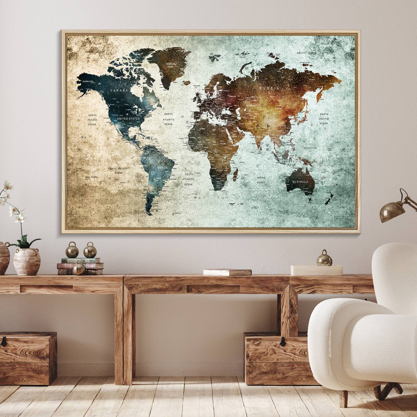 25140-MGV-FC-36X24_Natural-Wall Art Push Pin World Map Canvas Print