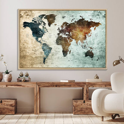 25140-MGV-FC-36X24_Natural-Wall Art Push Pin World Map Canvas Print