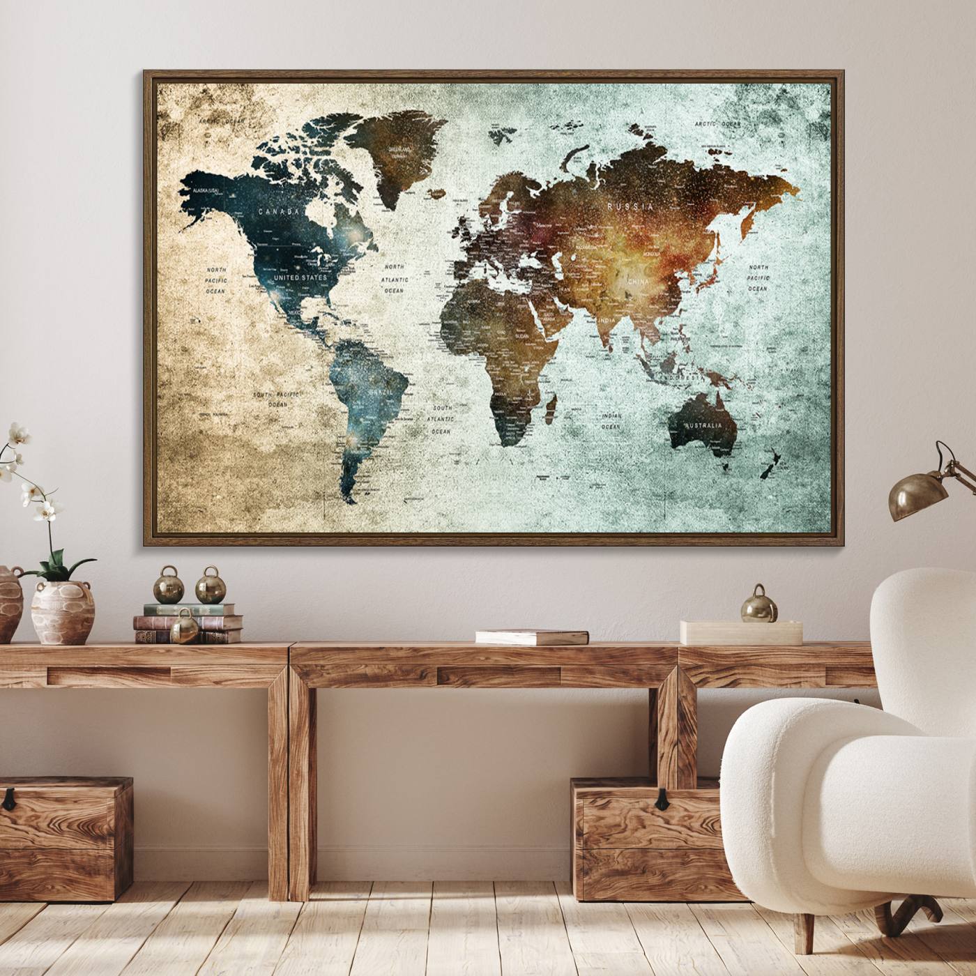 25140-MGV-FC-36X24_Walnut-Wall Art Push Pin World Map Canvas Print