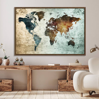 25140-MGV-FC-36X24_Walnut-Wall Art Push Pin World Map Canvas Print